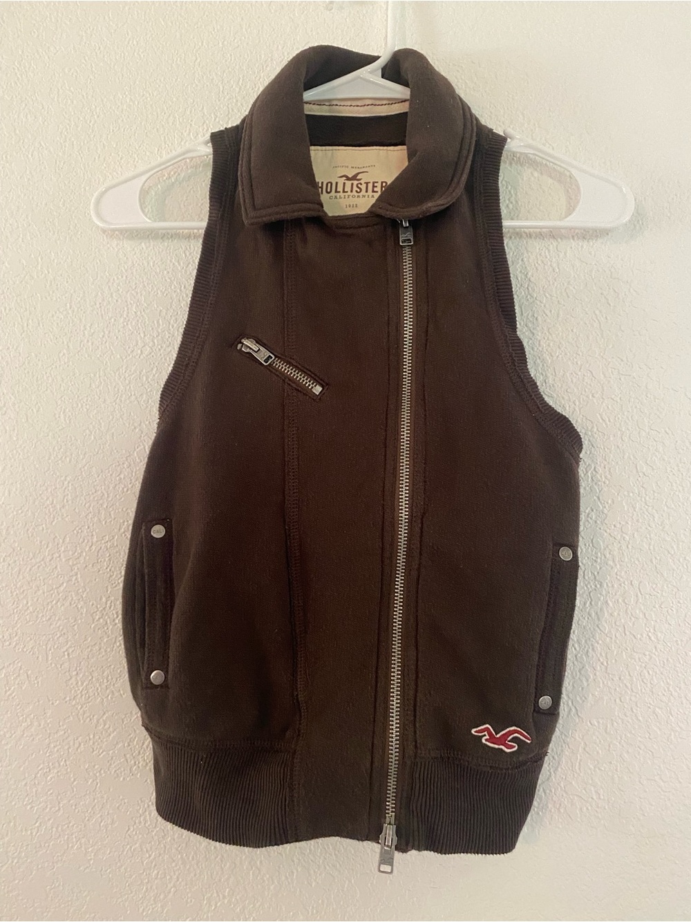 Vintage Y2K Hollister Co Asymmetric Zip Moto Vest Chocolate Brown SZ Small Logo